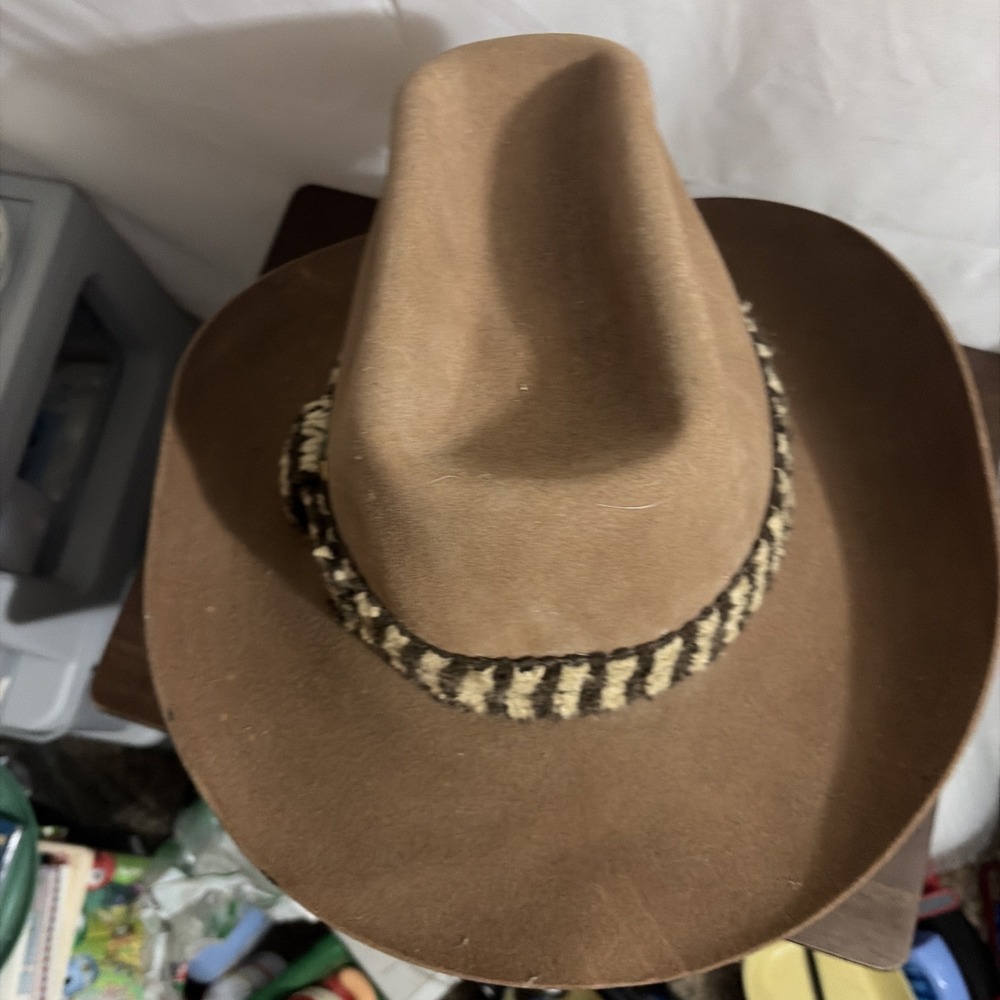 1970s Lee Hat Co Perma-Felt Rancher Cowboy Hat Brown Chevron Woven Band 7 1/4 - Picture 2 of 10